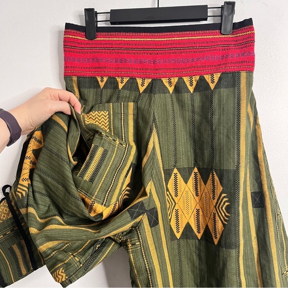 Harem Pants Mixed Print Size Small Olive Green Pull On Boho Hippie Travel - Picture 8 of 8